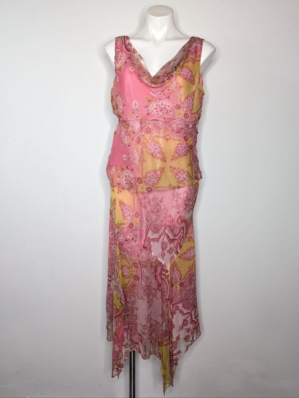 Vintage Y2K Mix It Pink Yellow Beaded Paisley Two Piece Chiffon Skirt Set 12/14